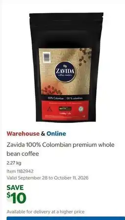 Costco Zavida 100% Colombian premium whole bean coffee offer