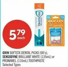 Shoppers Drug Mart Grin softstx dental picks or sensodyne brilliant white toothpaste offer