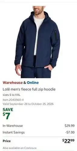 Costco Lolè men's fleece full zip hoodie offer
