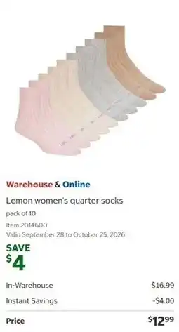 Costco Lemon women's quarter socks offer