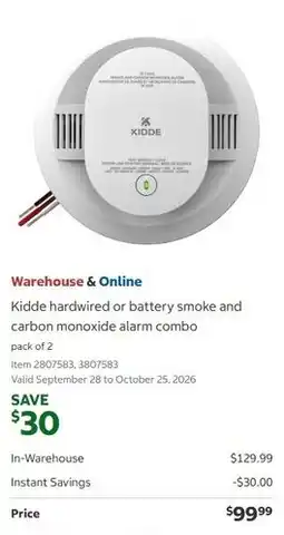 Costco Kidde hardwired or battery smoke and carbon monoxide alarm combo offer