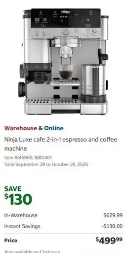 Costco Ninja Luxe cafe 2-in-1 espresso and coffee machine offer