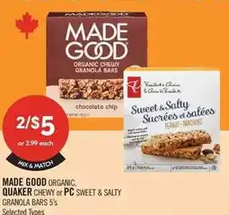 Shoppers Drug Mart Made good organic quaker chewy or pc sweet & salty granola bars offer
