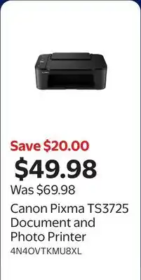 Walmart Canon Pixma TS3725 Document and Photo Printer offer