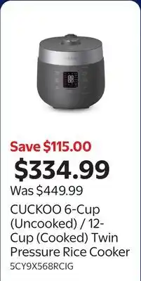 Walmart CUCKOO 6-Cup (Uncooked) / 12-Cup (Cooked) Twin Pressure Rice Cooker offer