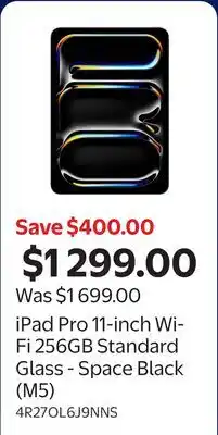 Walmart iPad Pro 11-inch Wi-Fi 256GB Standard Glass - Space Black (M5) offer