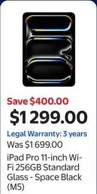 Walmart iPad Pro 11-inch Wi-Fi 256GB Standard Glass - Space Black (M5) offer