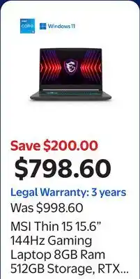 Walmart MSI Thin 15 15.6 144Hz Gaming Laptop 8GB Ram 512GB Storage, RTX 2050, Intel Core i5-12450H offer