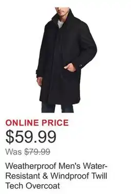 Costco Weatherproof Men's Water-Resistant & Windproof Twill Tech Overcoat offer