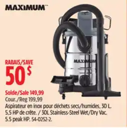 Canadian Tire 30L Stainless-Steel Wet/Dry Vac. 5.5 peak HP offer