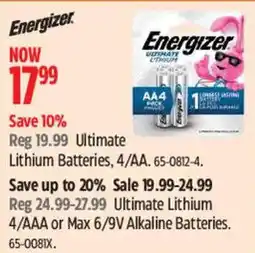 Canadian Tire Energizer Ultimate Lithium Batteries 4/AA offer