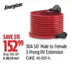 Canadian Tire Energizer 30A 50' Male to Female 3-Prong RV Extension Cord offer