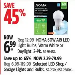 Canadian Tire Noma 60w a19 led light bulbs, warm white or daylight, 2-pk offer
