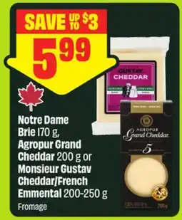 FreshCo Notre Dame Brie 170 g, Agropur Grand Cheddar 200 g or Monsieur Gustav Cheddar/French Emmental offer