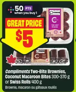 FreshCo Compliments Two-Bite Brownies, Coconut Macaroon Bites 300-370 g or Swiss Rolls 400 g offer