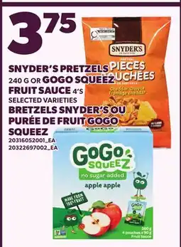Independent Grocer SNYDER'S PRETZELS, 240 G OR GOGO SQUEEZ FRUIT SAUCE, 4'S offer
