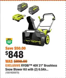 Home Depot EXCLUSIVE RYOBI 40V 21 Brushless Snow Blower Kit with (2) 6.0Ah Batteries and Charger offer