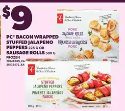 Loblaws PC BACON WRAPPED STUFFED JALAPEÑO PEPPERS, 225 G OR SAUSAGE ROLLS, 500 G offer