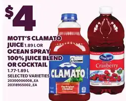 Loblaws MOTT'S CLAMATO JUICE, 1.89 L OR OCEAN SPRAY 100% JUICE BLEND OR COCKTAIL offer