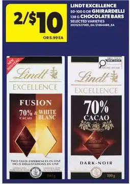 Real Canadian Superstore LINDT EXCELLENCE 50-100 G OR GHIRARDELLI 138 G CHOCOLATE BARS offer