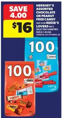 Real Canadian Superstore HERSHEY'S ASSORTED CHOCOLATE OR PEANUT FREE CANDY, 100'S OR REESE'S LOVERS, 90'S, 909 G-1.02 KG offer
