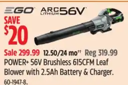 Canadian Tire EGO POWER+ 56V Brushless 615CFM Leaf Blower with 2.5Ah Battery & Charger offer