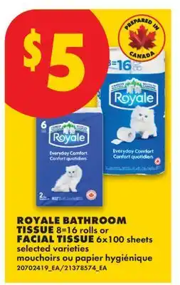 No Frills ROYALE BATHROOM TISSUE, 8=16 ROLLS OR FACIAL TISSUE, 6X100 SHEETS offer