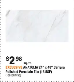 Home Depot EXCLUSIVE ANATOLIA 24 x 48 Carrara Polished Porcelain Tile (15.5SF) offer