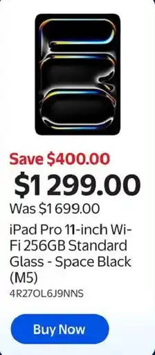 Walmart iPad Pro 11-inch Wi-Fi 256GB Standard Glass - Space Black (M5) offer