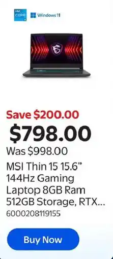 Walmart msi thin 15 15.6" 144hz gaming laptop 8gb ram 512gb storage, rtx... offer