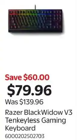 Walmart Razer BlackWidow V3 Tenkeyless Gaming Keyboard offer