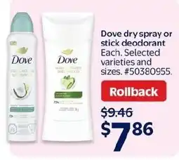 Walmart Dove dry spray or stick deodorant offer