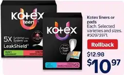 Walmart Kotex liners or pads offer