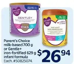 Walmart Parent's Choice milk-based or Gentle+ iron-fortified infant formula offer