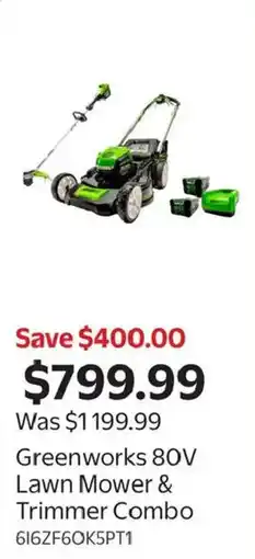 Walmart Greenworks 80V Lawn Mower & Trimmer Combo offer
