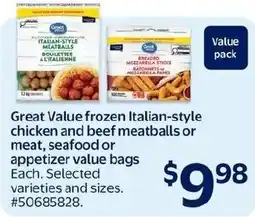 Walmart Great Value frozen Italian-style meatballs or meat, seafood or appetizer value bags offer