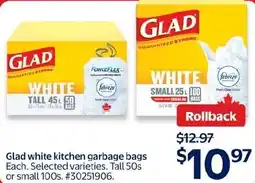 Walmart Glad white kitchen garbage bags offer