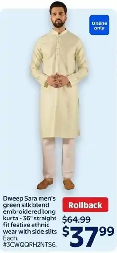 Walmart Dweep Sara men's green silk blend embroidered long kurta offer
