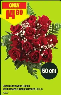 FreshCo Roses Dozen Long Stem Roses with Greens & Baby's Breath 50 cm offer