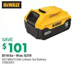 Kent DeWalt 20V MAX 5.0Ah Lithium-Ion Battery offer