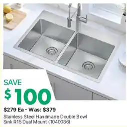 Kent Stainless Steel Handmade Double Bowl Sink R15 Dual Mount offer