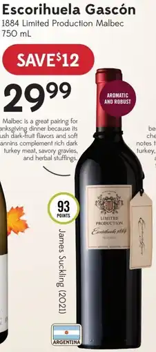 Sobeys Escorihuela Gascón 1884 Limited Production Malbec offer