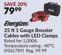 Princess Auto Energizer 25 ft 1 Gauge Booster Cables with LED Clamps offer