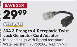 Princess Auto 30A 3-Prong to 4-Receptacle Twist Lock Generator Cord Adapter offer