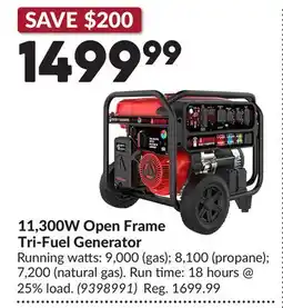 Princess Auto 11,300W Open Frame Tri-Fuel Generator offer