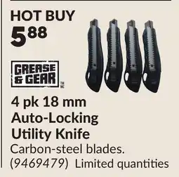 Princess Auto GREASE & GEAR 4 pk 18 mm Auto-Locking Utility Knife offer