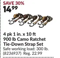 Princess Auto 4 pk 1 in. x 10 ft 900 lb Camo Ratchet Tie-Down Strap Set offer