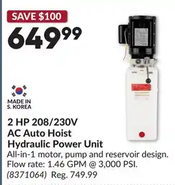 Princess Auto 2 HP 208/230V AC Auto Hoist Hydraulic Power Unit offer