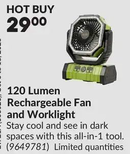 Princess Auto 120 Lumen Rechargeable Fan and Worklight offer