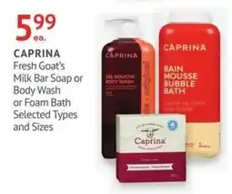IDA Pharmacy Caprina fresh goat's milk bar soap or body wash or foam bath offer